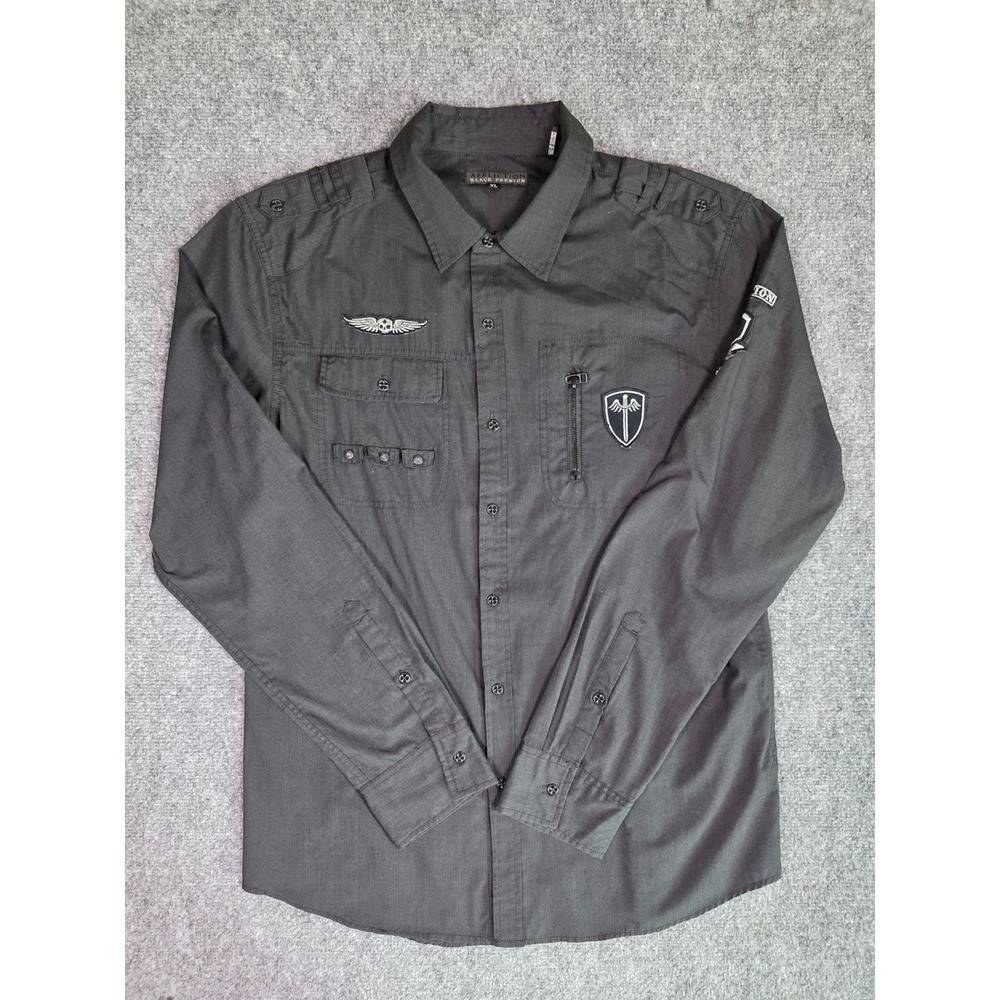 Affliction Black Premium Button Down Shirt Mens XL Gray Military Embroidered